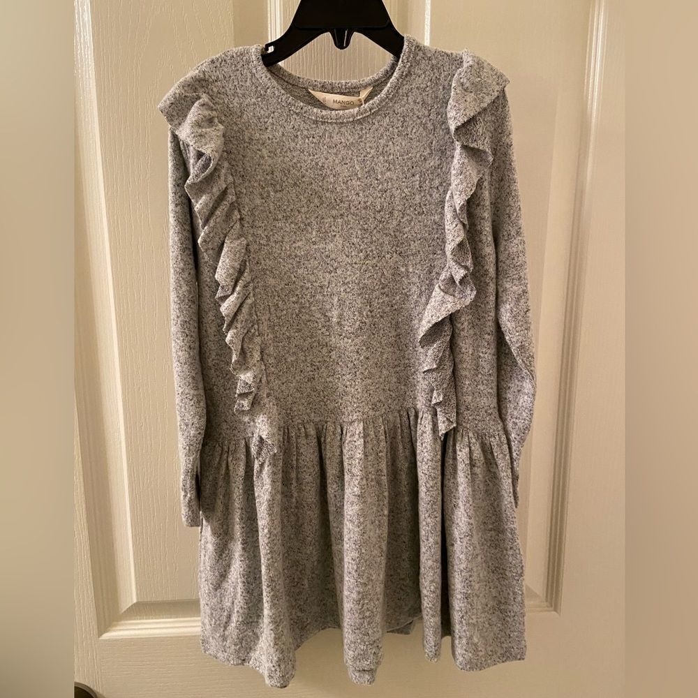 Mango Girls Textured Ruffled Dress Heather Grey Size 5-6 Years NWT